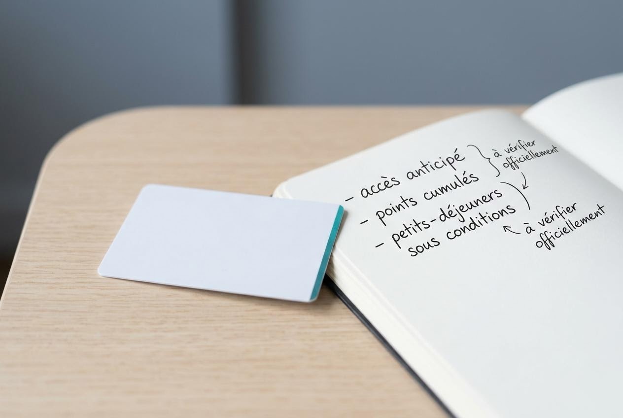 Carte de fidélité hôtelière posée près d'un carnet listant des avantages membres