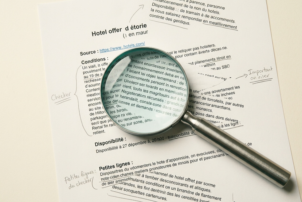 Loupe posée sur une annonce d'offre hôtelière détaillant sources et conditions