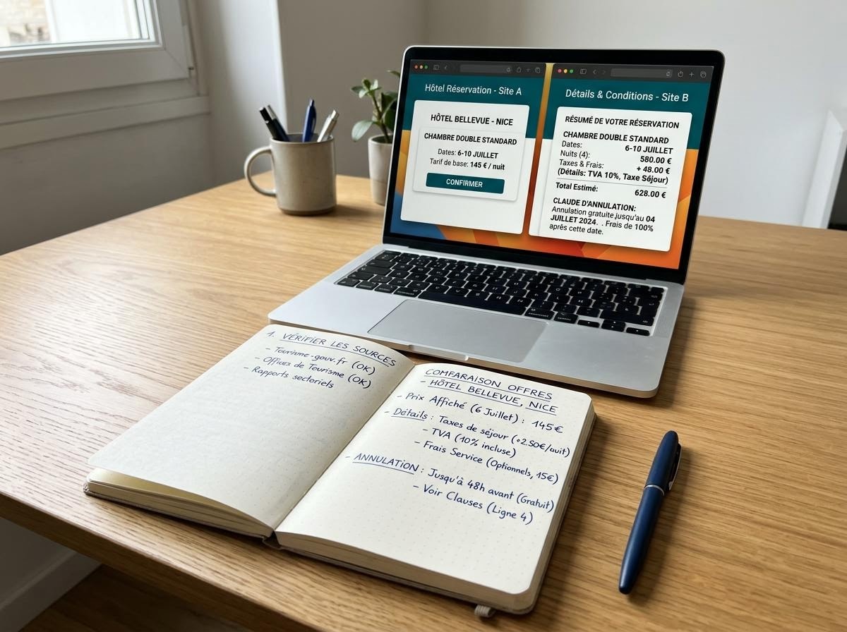 Bureau de rédaction avec notes manuscrites et écran affichant une comparaison de conditions de réservation d'hôtel