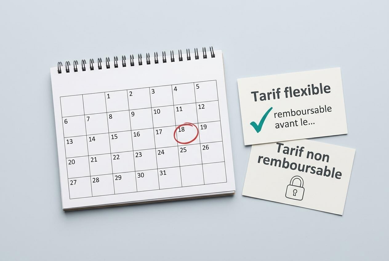 Calendrier annoté à côté de deux options de tarif, l'une flexible et l'autre non remboursable