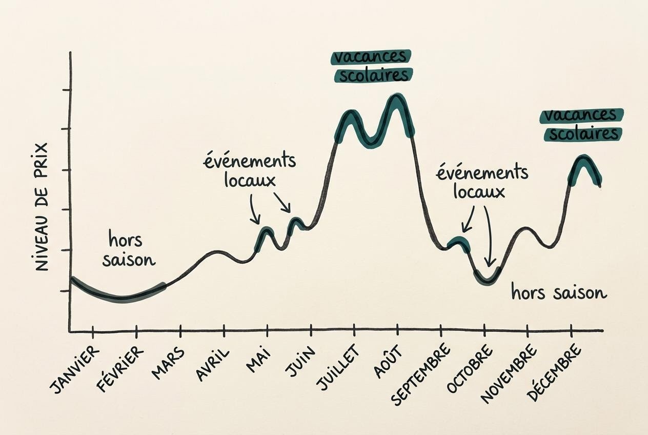 Courbe simple illustrant la variation des prix hôteliers selon la saison et la ville