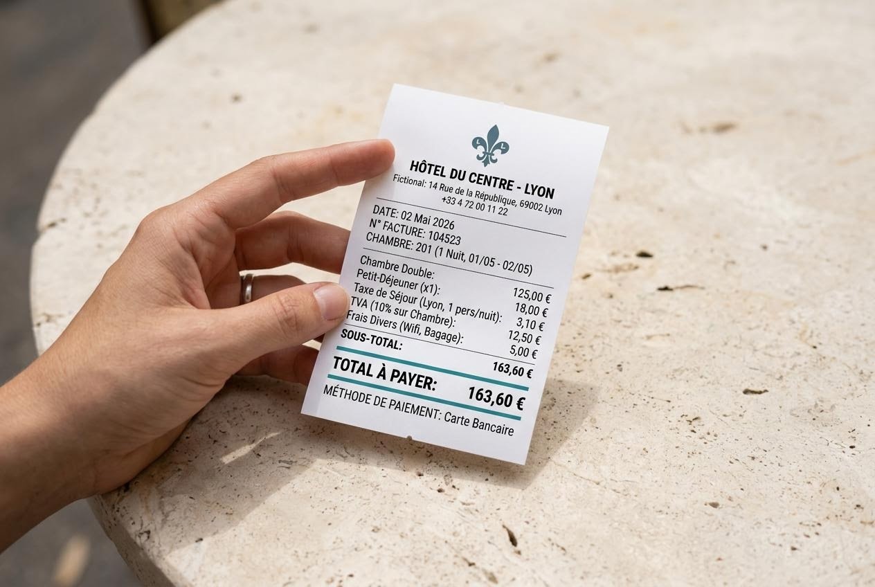 Reçu d'hôtel détaillant une taxe de séjour et des frais additionnels sur une table