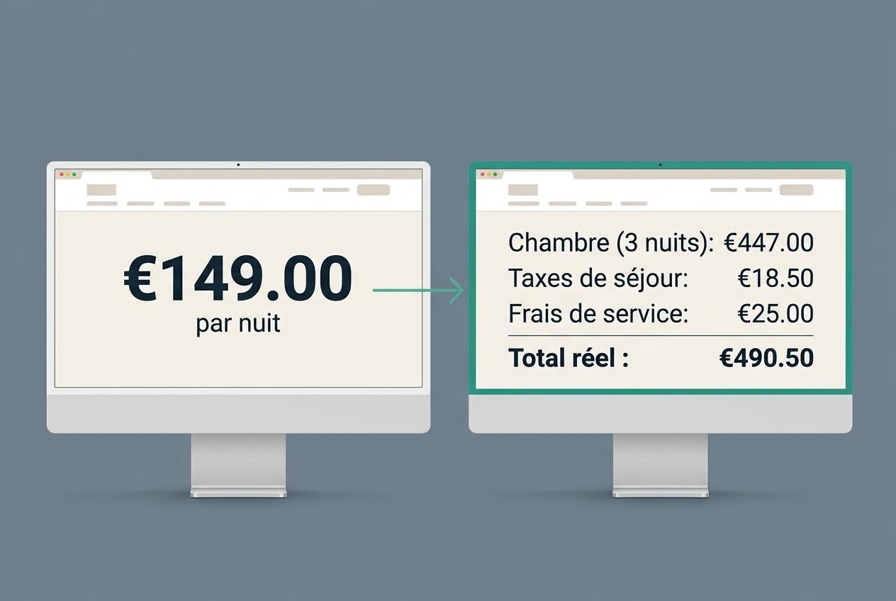 Personne comparant deux écrans affichant un prix d'hôtel et le détail des taxes et conditions